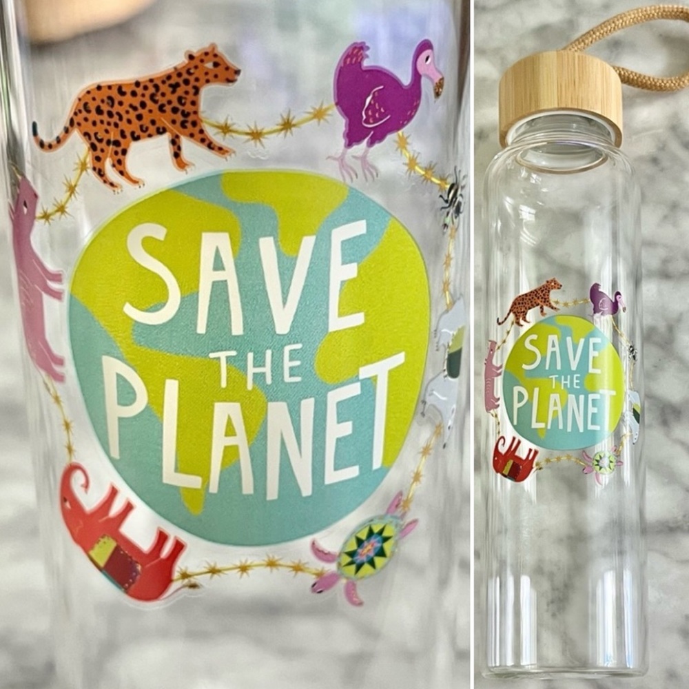 New Save the Planet Glass Water Bottle with Bamboo Top